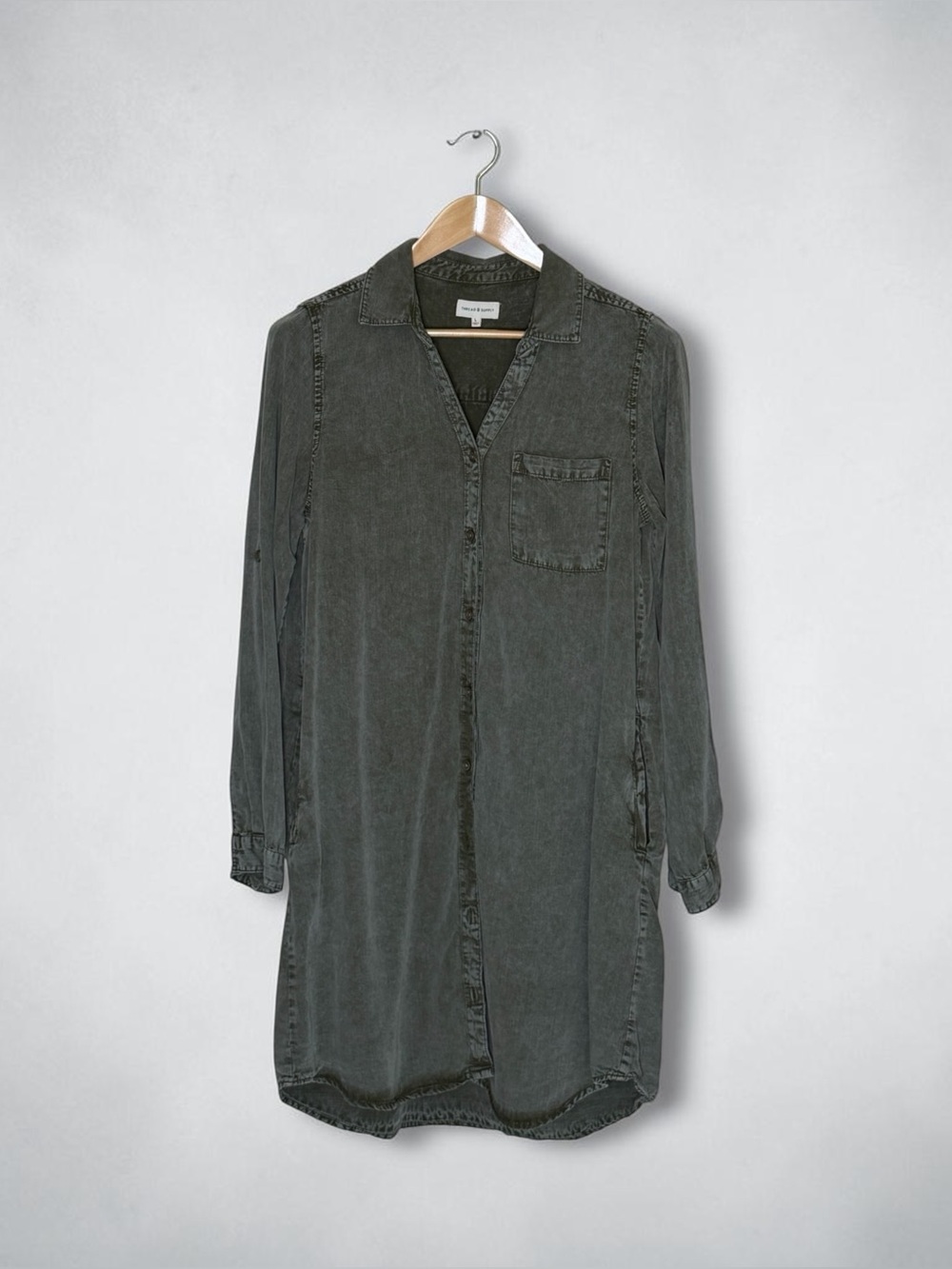 Thread and Supply Tencel Olive Green Midi Shirt Dress, Women's Size Large